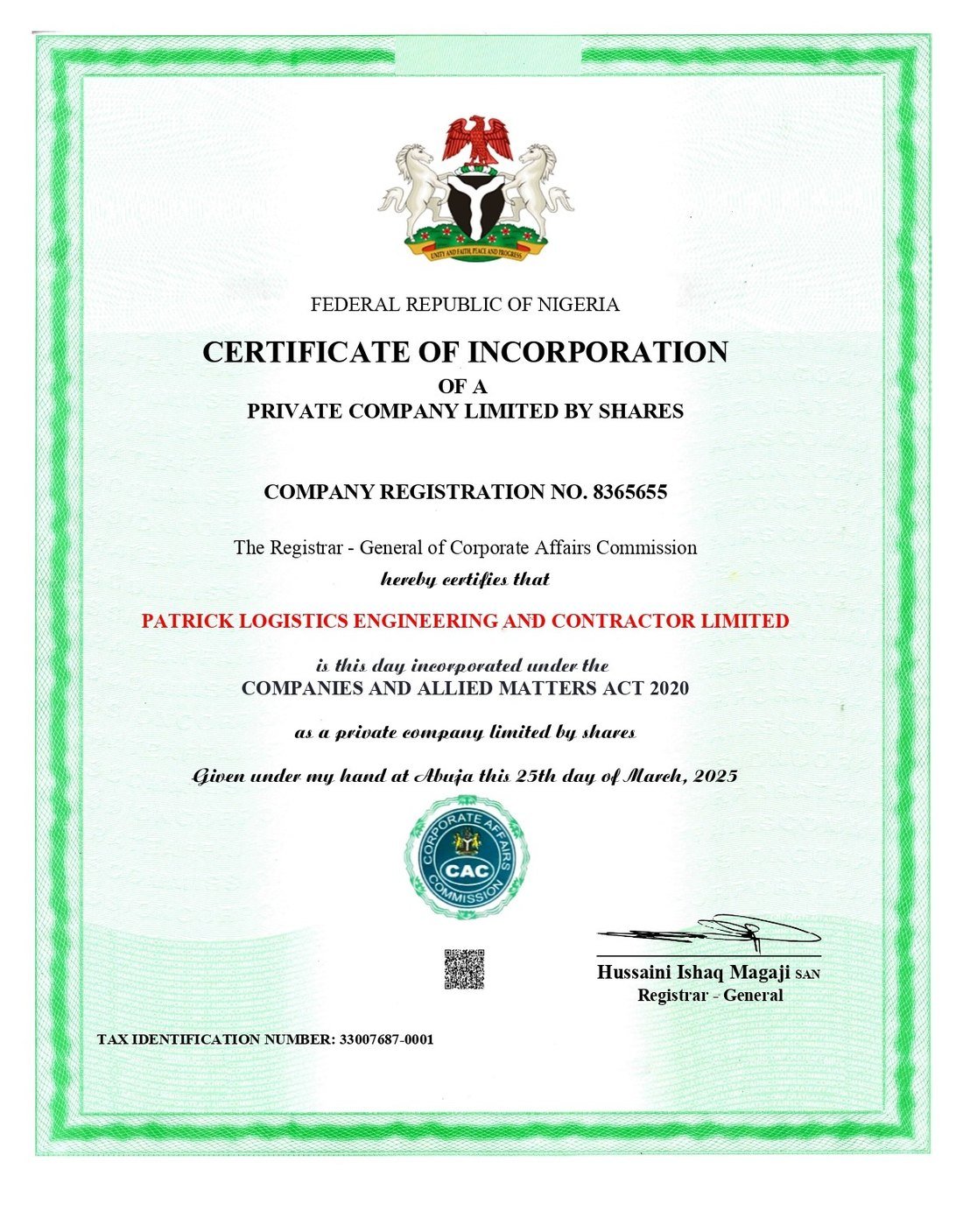 CAC Certificate of Incorporation for Patrick Logistics Engineering and Contractor Limited